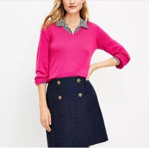 LOFT 12 Tweed Gold Crest Button Wrap Skirt Navy Blue Women Mod Academia Preppy